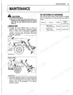 Kubota LA514, LA724, LA854 maintenance page showing loader lubrication points, hardware torque specs, and safety cautions.