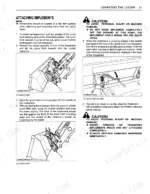 Kubota LA514, LA724, LA854 procedure for attaching implements to the quick hitch with safety cautions and diagrams.