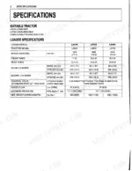 Kubota LA514, LA724, LA854 loader specifications table including cylinder bore, stroke, flow, and pressure data.