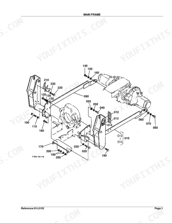 Kubota LA681 exploded view diagram of the main frame assembly, showing mounting brackets, bolts, and hardware components.
