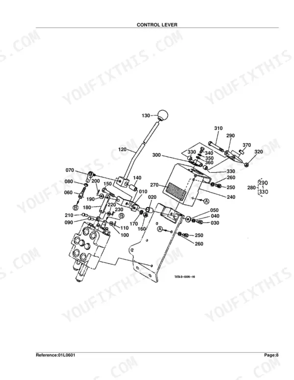 Kubota LA681 exploded view diagram of the control lever assembly, including linkage, mounting bracket, and hardware components.