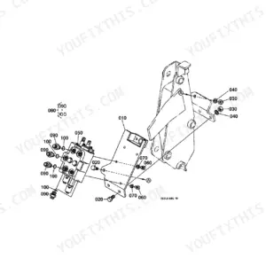 Kubota LA681 exploded view diagram of the control valve assembly, mounting bracket, and hydraulic fittings.