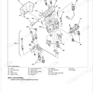 Kubota LM2605 front loader exploded view diagram showing valve assembly, connection kit, spool, and relief valve components.