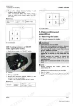 Kubota LM2605 front loader wiring diagrams, switch resistance testing procedures, and loader removal safety instructions.