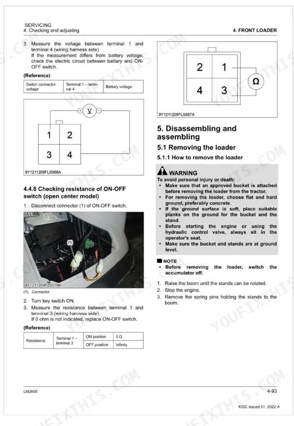 Kubota LM2605 front loader wiring diagrams, switch resistance testing procedures, and loader removal safety instructions.