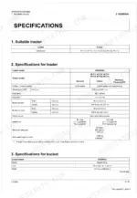 Kubota LM2605 loader and bucket technical specifications table including hydraulic, cylinder, and weight data.