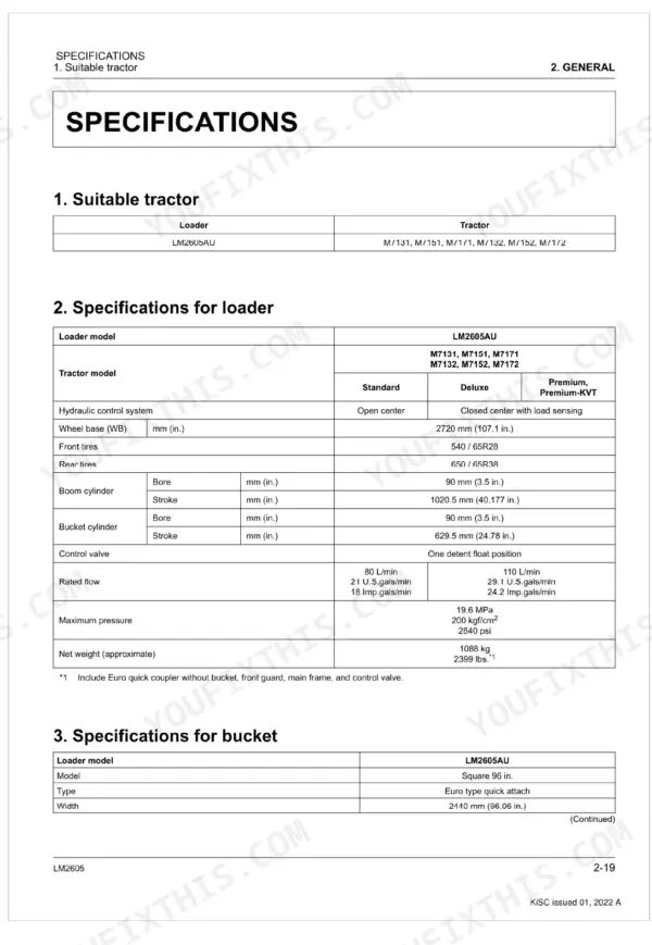 Kubota LM2605 loader and bucket technical specifications table including hydraulic, cylinder, and weight data.