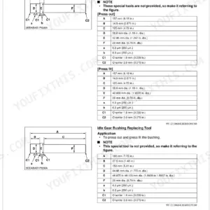 Kubota M100GX-M135GX manual: Small end and idle gear bushing replacing tool dimensions and press specifications.