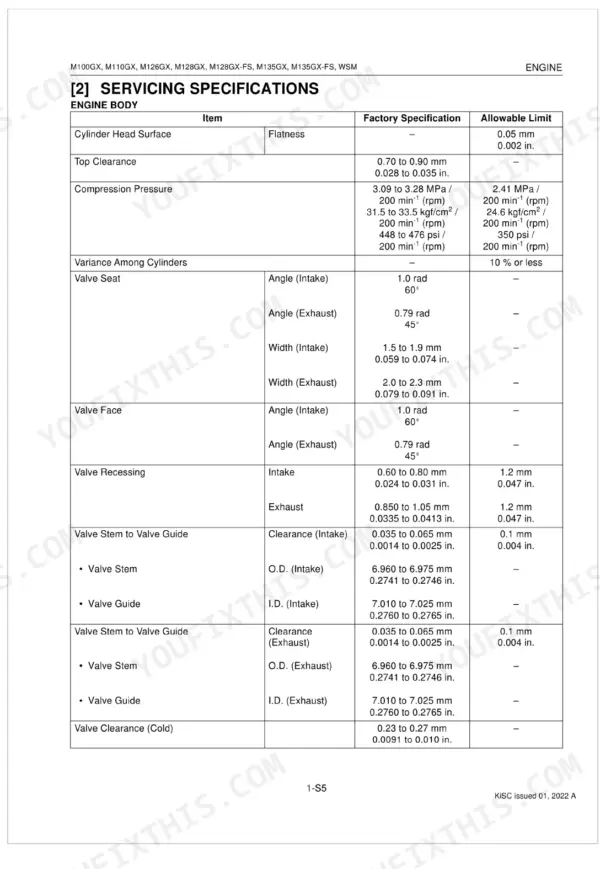 Kubota M100GX, M110GX, M126GX, M128GX, M128GX-FS, M135GX, M135GX-FS engine body servicing specifications table for valves and cylinder head.