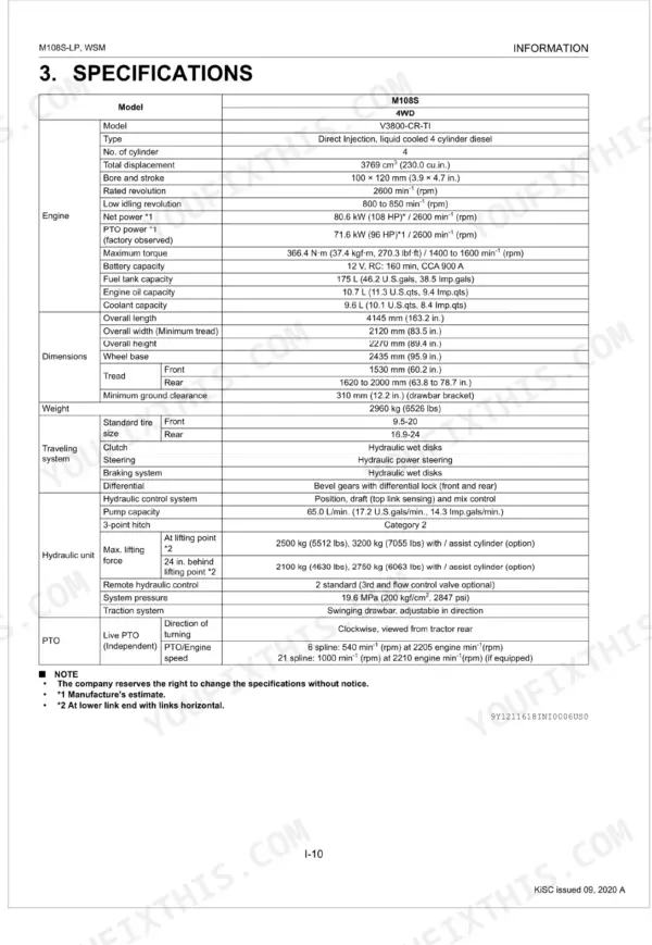 Kubota M108S Low Profile engine, dimensions, hydraulic, and PTO technical specifications table.