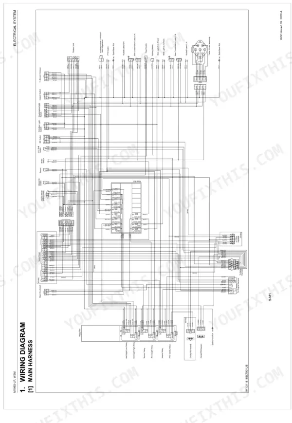 Kubota M108S Low Profile main harness electrical wiring diagram showing fuse box, relay box, and lighting connections.
