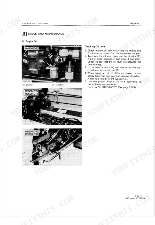 Kubota M4500(A/AC), M5500(A/AC), M7500(A/AC) engine oil checking and maintenance procedure with dipstick photos.