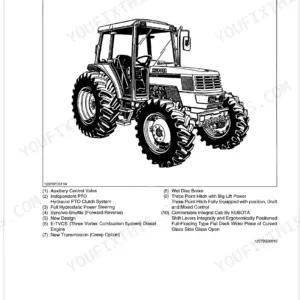 Kubota M4900, M5700, M5700HD tractor features overview with illustration and list of ten key system specifications.