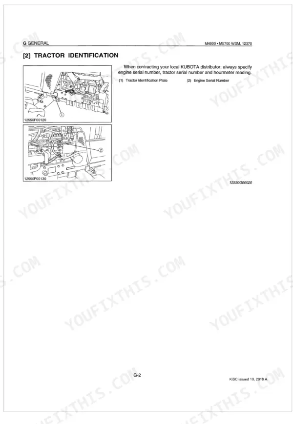 Kubota M4900, M5700, M5700HD manual page showing tractor identification plate and engine serial number locations.