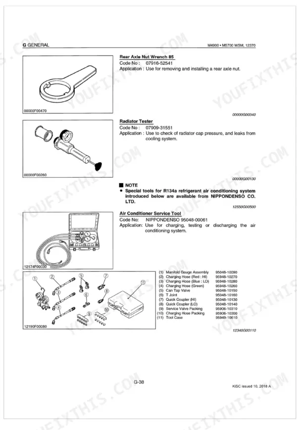 Kubota M4900, M5700, M5700HD manual page showing special service tools: rear axle nut wrench, radiator tester, and AC service tools.