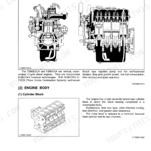 Kubota M4900, M5700 engine features, cross-section diagrams, and cylinder block description from service manual.