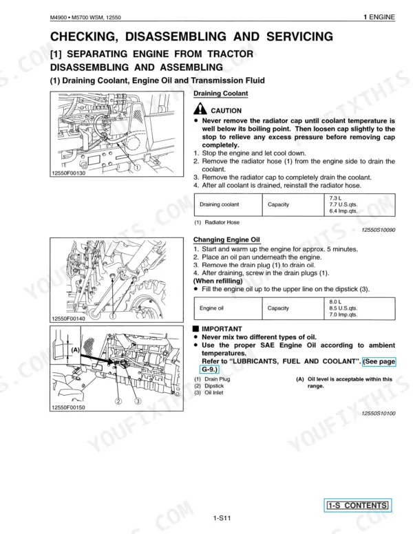 Kubota M4900, M5700 procedures for draining coolant and engine oil with capacity tables and component diagrams.