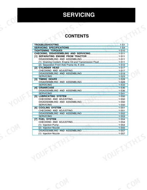 Kubota M4900, M5700 Servicing section table of contents for engine, cooling, lubricating, and fuel systems.