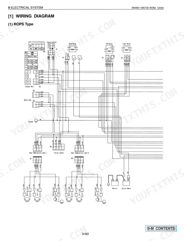 Kubota M4900, M5700 ROPS type electrical wiring diagram showing lights, relays, battery, and starter motor connections.