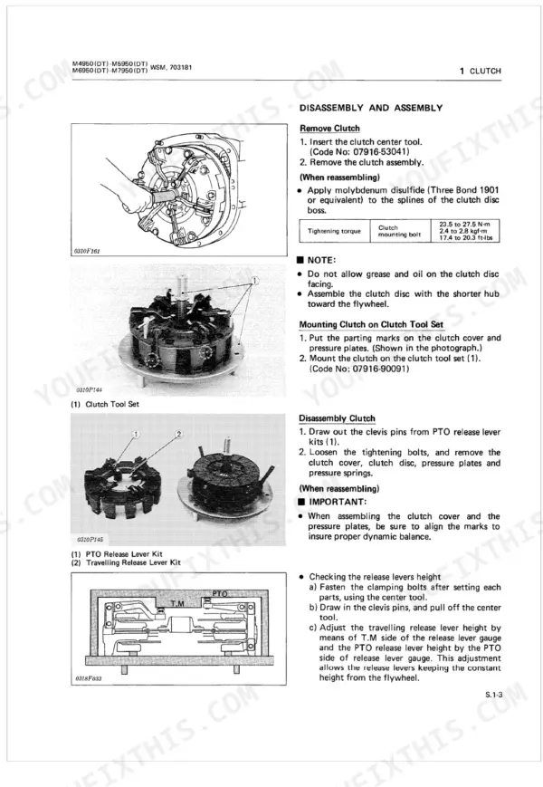 Kubota M4950(DT), M5950(DT), M6950(DT), M7950(DT) clutch disassembly, assembly, and release lever adjustment procedures.