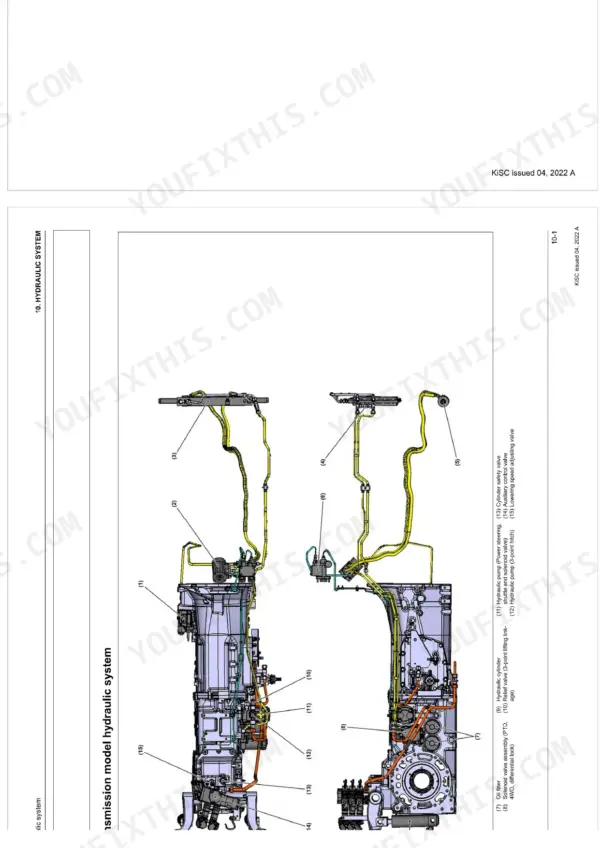 Kubota M5091, M5111 hydraulic system diagram showing transmission pump, valves, and cylinder component locations.