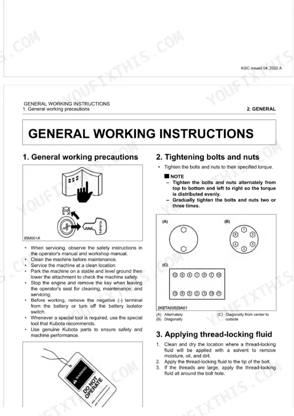 Kubota M5091, M5111 general working instructions, bolt tightening patterns, and thread-locking fluid application procedures.