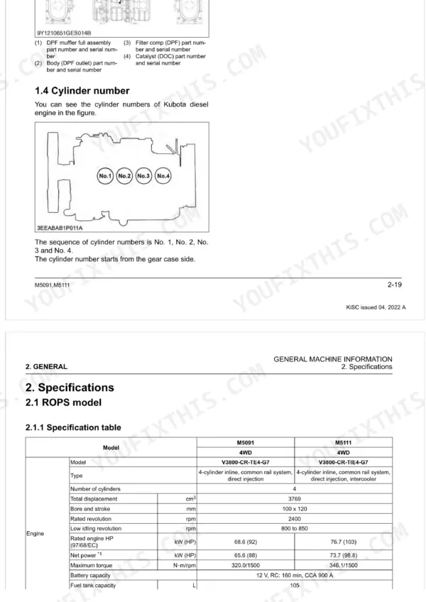 Kubota M5091, M5111 engine cylinder numbering diagram and V3800 engine specifications table for ROPS models.