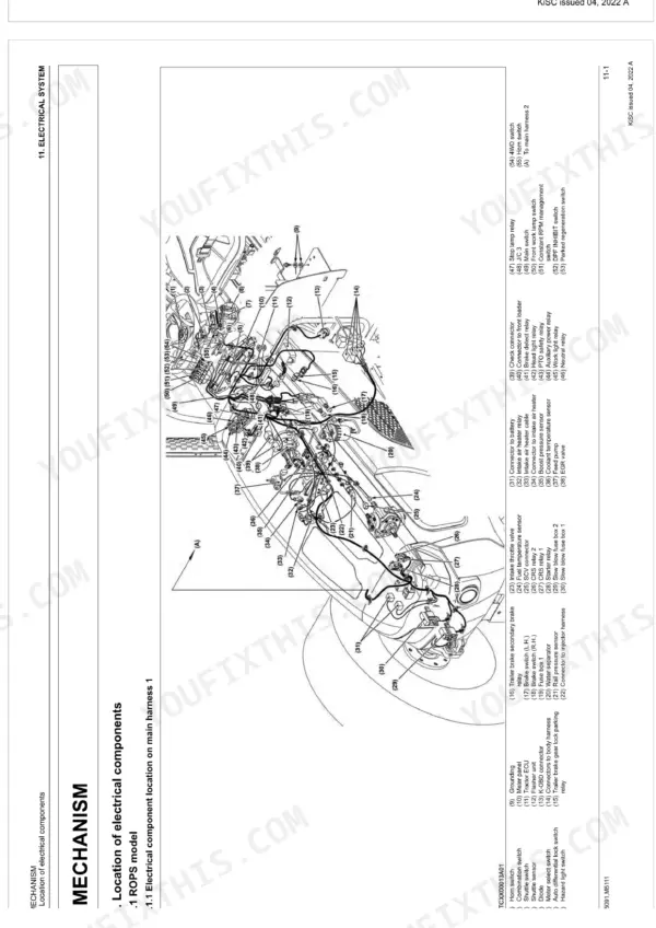 Kubota M5091, M5111 electrical component location diagram for ROPS model main harness 1 with numbered parts list.