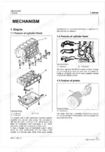 Kubota M5N-091, M5N-111 engine mechanism diagrams showing cylinder block, cylinder head ports, and piston assembly features.