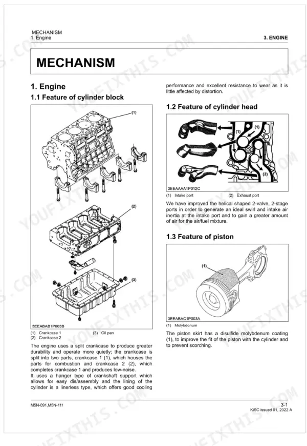 Kubota M5N-091, M5N-111 engine mechanism diagrams showing cylinder block, crankcase, cylinder head ports, and piston assembly.