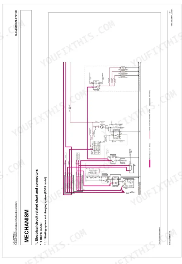 Kubota M5N-091, M5N-111 ROPS model electrical wiring diagram for starting and charging system circuits.