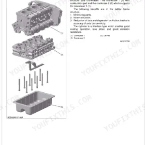 Kubota M6040, M7040 exploded view of engine cylinder block, ladder frame crankcase, and oil pan assembly.
