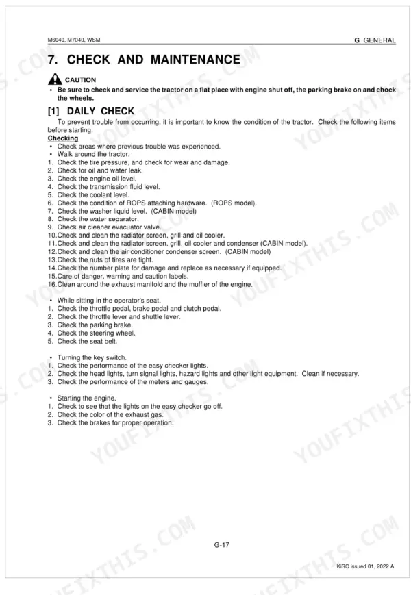 Kubota M6040, M7040 daily check and maintenance procedure list for tractor inspection and safety checks.