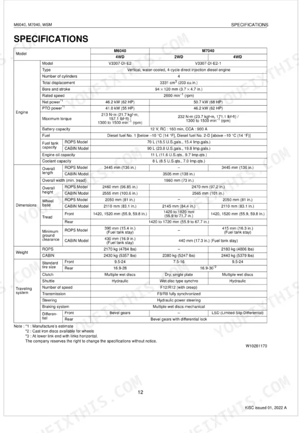 Kubota M6040, M7040 technical specifications table for engine, dimensions, weight, and traveling system components.