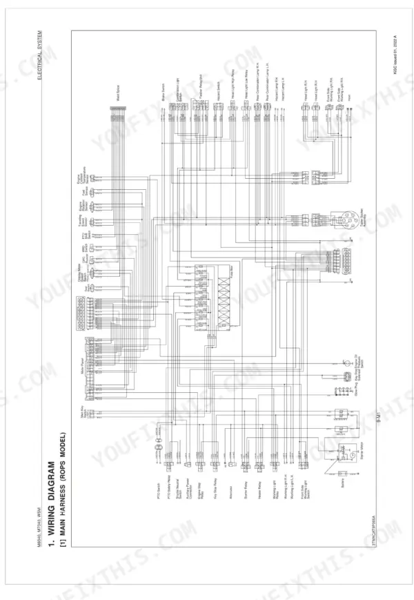 Kubota M6040, M7040 wiring diagram for main harness (ROPS model) showing electrical system components and connections.