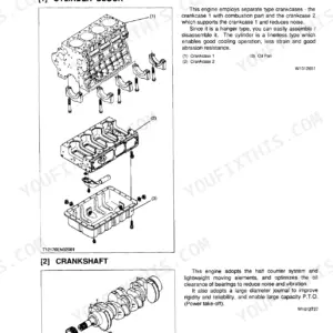 Kubota M6800, M6800S, M8200, M9000, M6800SQ, M8200Q, M9000Q, M6800HD, M8200HYDRAULIC SHUTTLE, M9000HYDRAULIC SHUTTLE, M8200DNB, M8200SDNB, M8200SDNBC, M9000DT-L, M9000DT-M exploded view of engine cylinder block, crankcase, oil pan, and crankshaft.