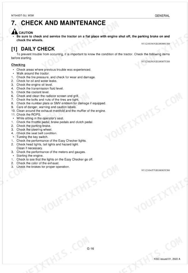 Kubota M7040DT-SU service manual page detailing daily check and maintenance procedures for tractor systems.