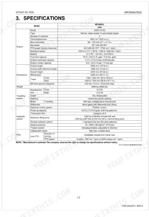 Kubota M7040DT-SU technical specifications table covering engine, dimensions, weight, hydraulic system, and PTO data.