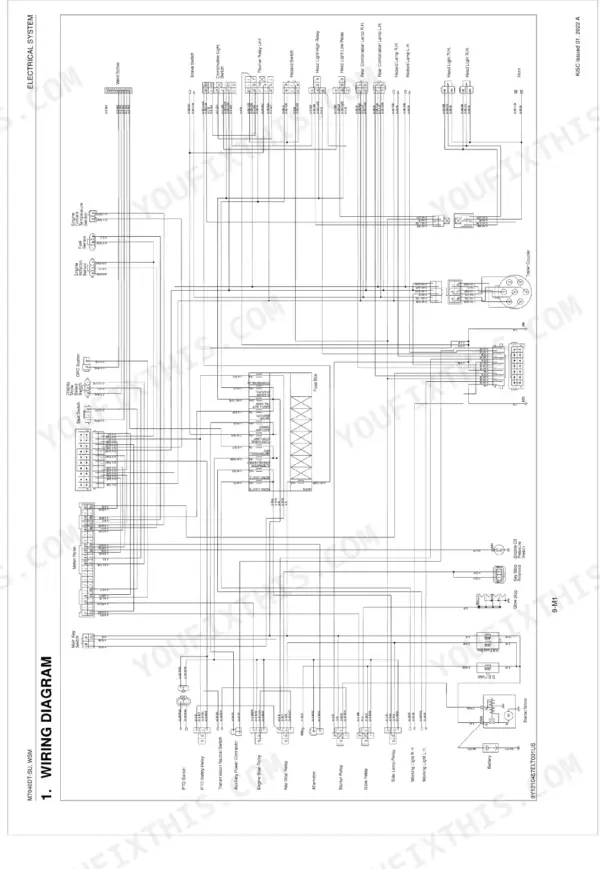 Kubota M7040DT-SU electrical system wiring diagram showing fuse box, relays, switches, and lighting circuits.