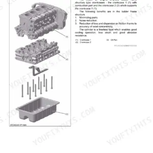 Kubota M7040SU, M7040DT-SU engine cylinder block exploded view showing crankcase 1, crankcase 2, and oil pan assembly.