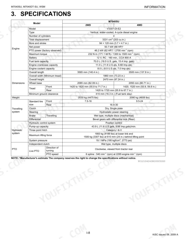 Kubota M7040SU, M7040DT-SU specifications table covering engine, dimensions, weight, hydraulic system, and PTO data.