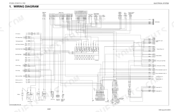 Kubota M7040SU, M7040DT-SU electrical system wiring diagram showing fuse box, relays, switches, and sensors.