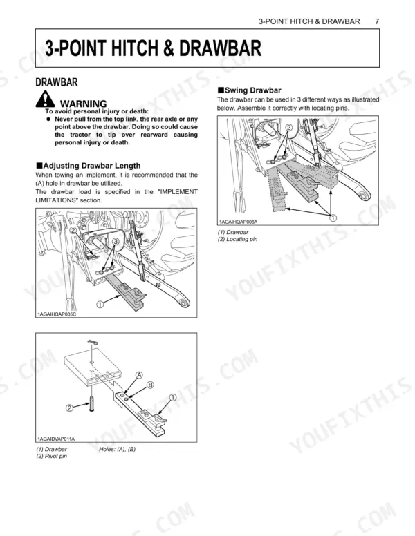 Kubota M7040SUHD 3-point hitch and swing drawbar adjustment diagrams, locating pins, and drawbar length procedures.