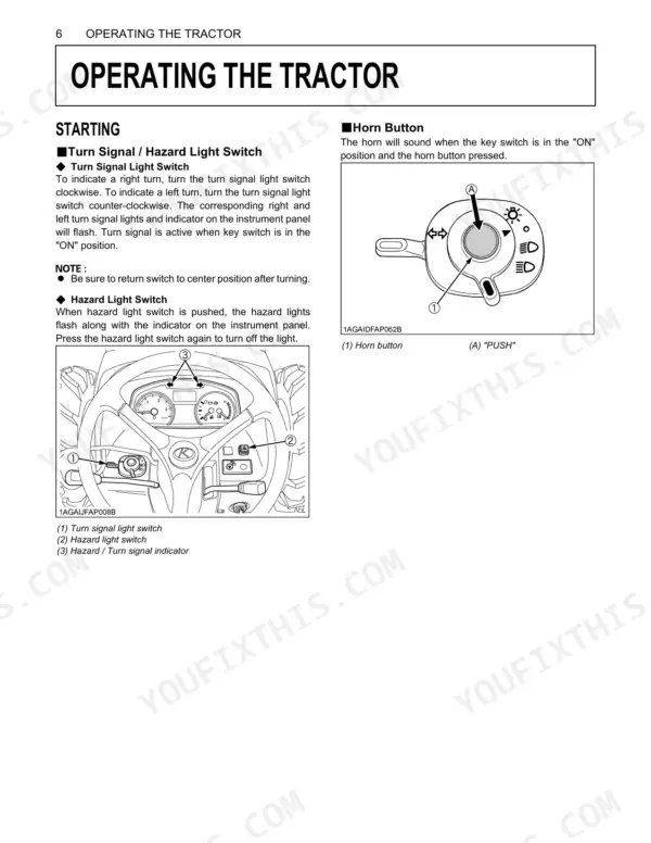Kubota M7040SUHD operating instructions for turn signal, hazard light switch, and horn button with steering column diagrams.