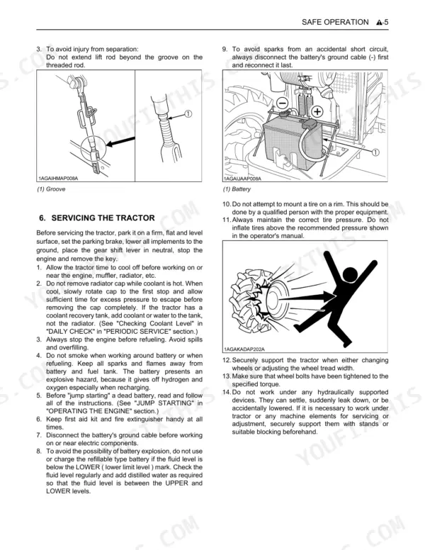 Kubota M7040SUHD safety procedures for lift rod, battery maintenance, and tire servicing with illustrated diagrams.