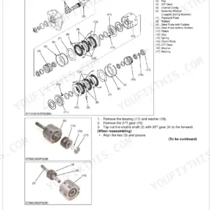 Kubota M7040SUHD exploded view diagram and disassembly procedure for the transmission shuttle clutch assembly.