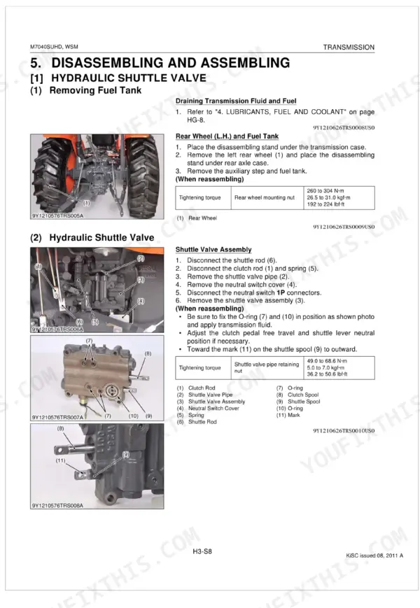 Kubota M7040SUHD service manual: removing fuel tank and disassembling hydraulic shuttle valve with torque specifications.