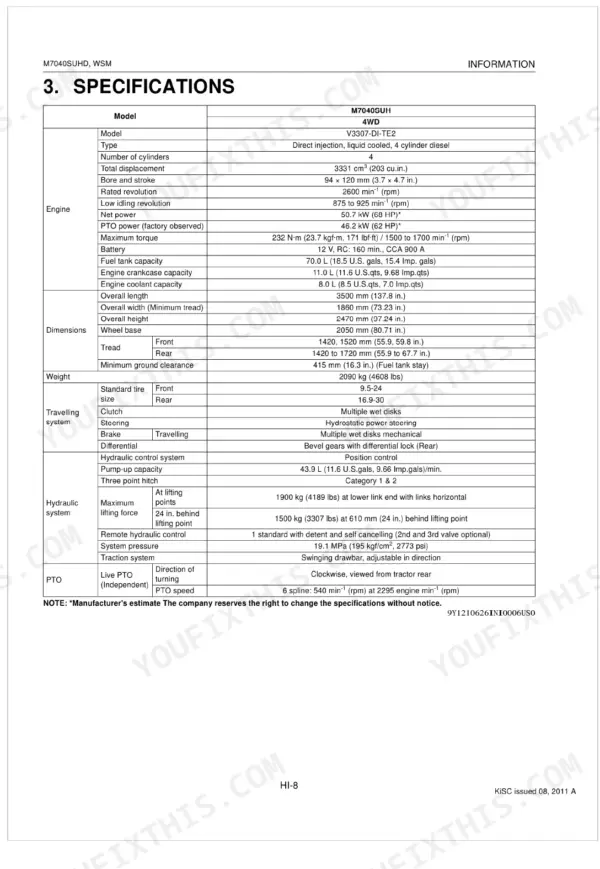Kubota M7040SUHD tractor technical specifications table covering engine, dimensions, weight, hydraulics, and PTO data.