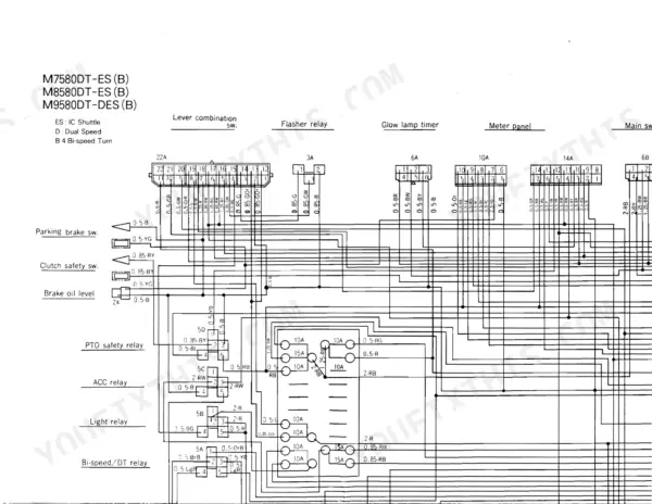 Kubota M7580, M8580, M9580 wiring diagram showing relays, fuse block, and electrical connectors for safety switches.