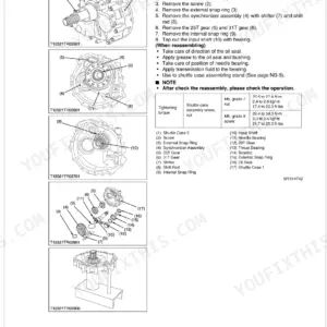 Kubota M8200DNB, M8200SDNB, M8200SDNBC transmission shuttle case assembly disassembly and torque specs table.